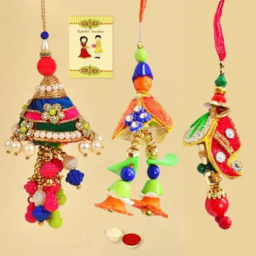 Appealing Set of 3 Bracelet Rakhis with Roli, Chawal N Card