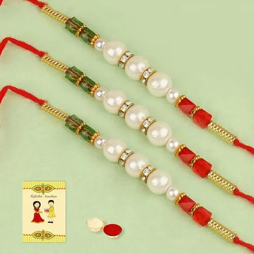 Amazing Set of 3 Pearl Rakhis with Roli, Chawal n Card