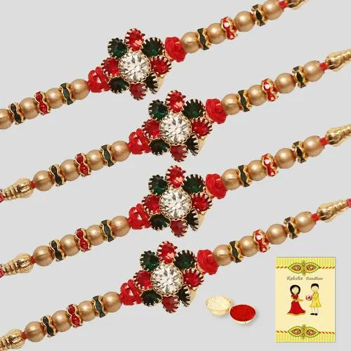 Attractive Set of 4 Diamond Rakhis with Roli, Chawal N Card