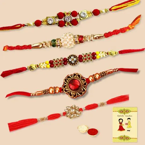 Designer Set of 5 Rakhis with Free Roli Chawal N Card