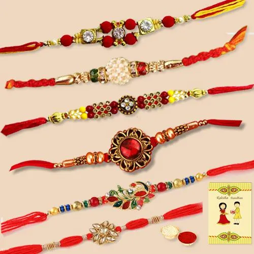 Designer Set of 6 Designer Rakhis with Roli, Chawal N Card