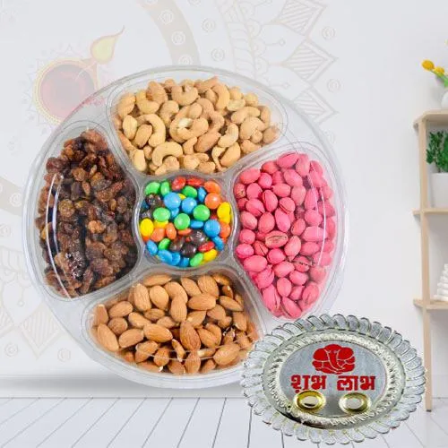 Marvelous Combo of Dry Fruits Tray with Pooja Thali N Laxmi Ganesh Idol<br>