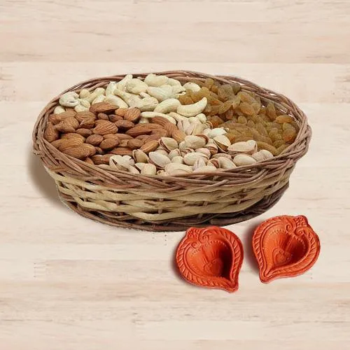 Lovely Assorted Dry Fruits with Diya Pair
