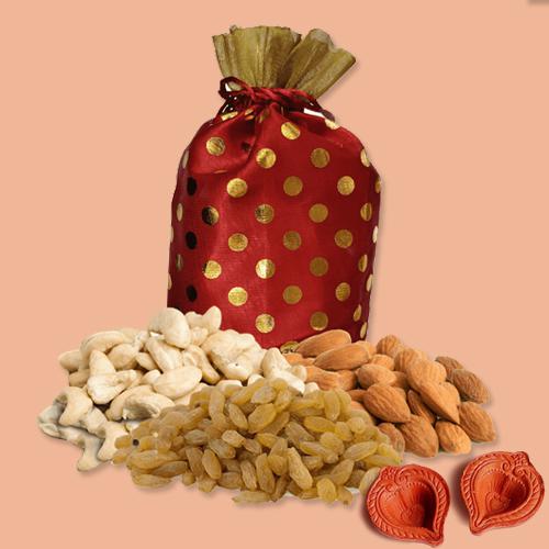 Nutty Dry Fruits in a Bag with Set of 2 Diya