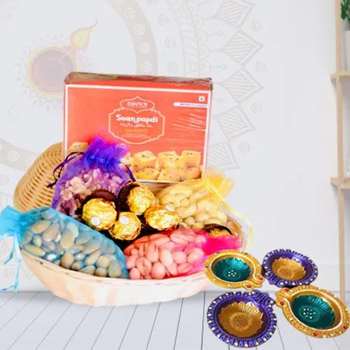 Sumptuous Dry Fruit Basket with Soan Papdi and Ferrero Rocher<br>