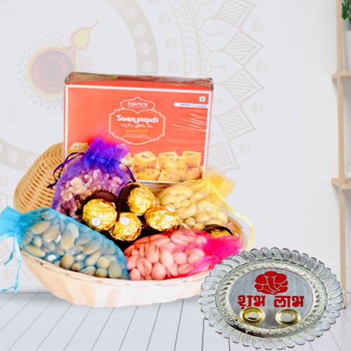 Delightful Gift of Dry Fruits, Sweets, Chocolates with Pooja Thali<br>