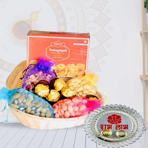 Attractive Gift of Dry Fruits, Sweets, Chocolates with Pooja Thali<br>