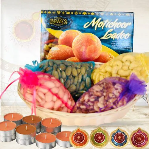 Luxurious Gift of Dry Fruits with Sweets, Candles N Diya