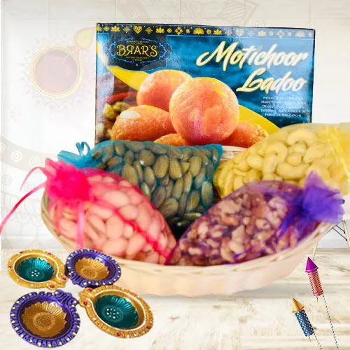 Delectable Dry Fruits Pack with Sweets, Candles N Diya