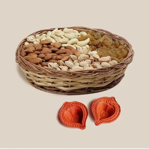 Beautifully Wrapped Basket of Dry Fruits in Bag n Diya Pair