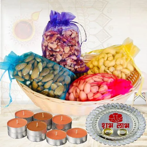Magical Combo of Dry Fruit Assortments with Candles N Pooja Thali