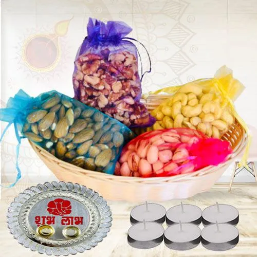 Crunchy Dry Fruit Assortment with Candles N Pooja Thali