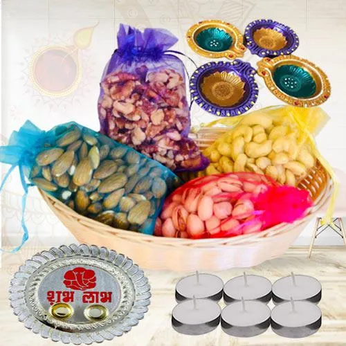Special Combo of Dry Fruits with Candles, Pooja Thali N Diya