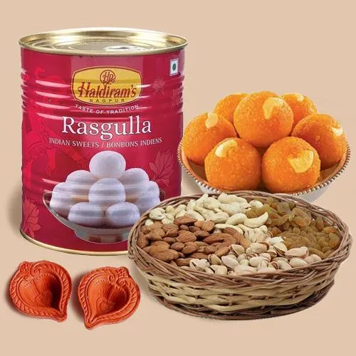 Finest Motichoor Ladoo n Rasgulla with Dry Fruits n Diya Pair