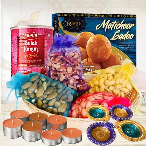 Traditional Gift of Dry Fruits, Sweets N Diyas for Puja