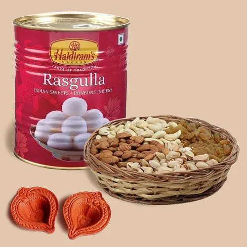 Beautifully Wrapped Basket of Dry Fruits Bag, Rasgulla n Diya Pair