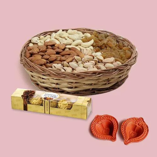 Zesty Dry Fruits in Bag, Rocher n Diya Pair