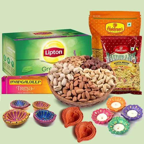 Ambrosial Gift of Diwali Essentials with Diyas