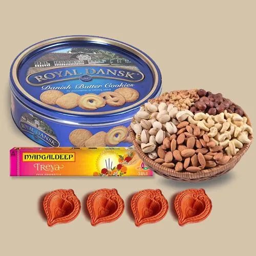 Lovely Diwali Gift of Butter Cookies, Nuts, Incense Sticks n Diya Pair