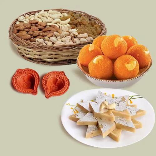 Lovely Combo of Assorted Dry Fruits n Sweets with  Diyas