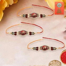 Three Shree Rakhi with Roli Tika and Message Card