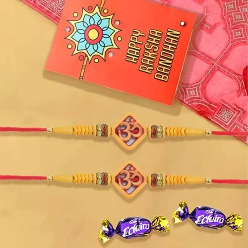 Gorgeous Pair of Om Rakhi with Chocolates, Roli Chawal Tika n Card