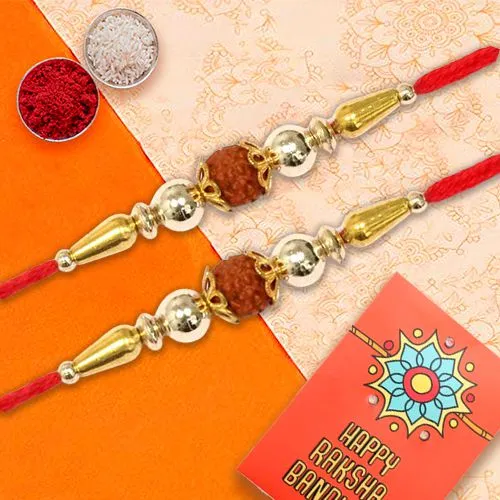 Attractive Rudraksha Rakhi Pair with Roli Chawal Tilak n Card