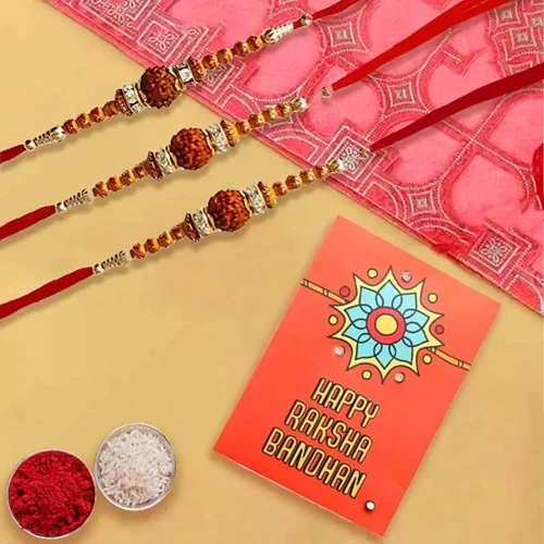 Exquisite 3 Rudraksha Rakhi Set with Roli Chawal Tika n Card