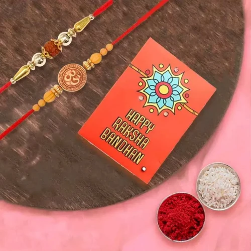 Charming Duo of OM n Rudraksha Rakhi with Roli Tika Card