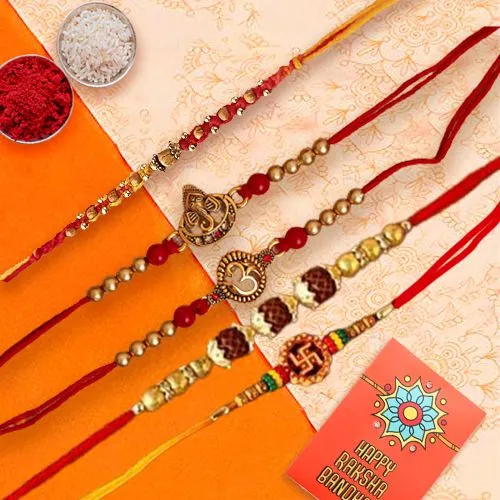 Fantastic Set of 5 Pearl Rakhi with Roli, Chawal n Card