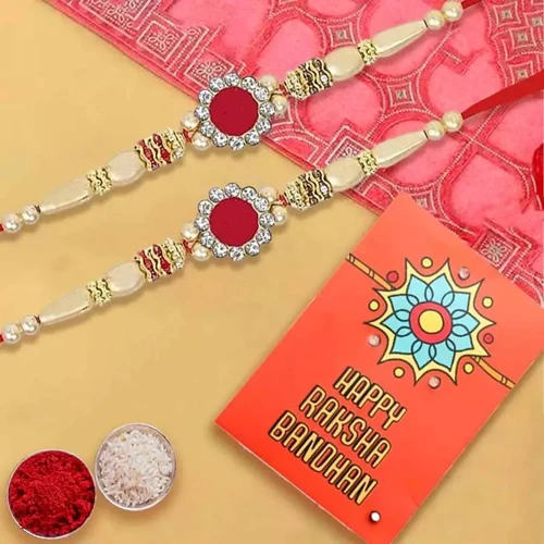 Gorgeous Pair of Jewel Rakhi with Roli, Chawal Tika n Card