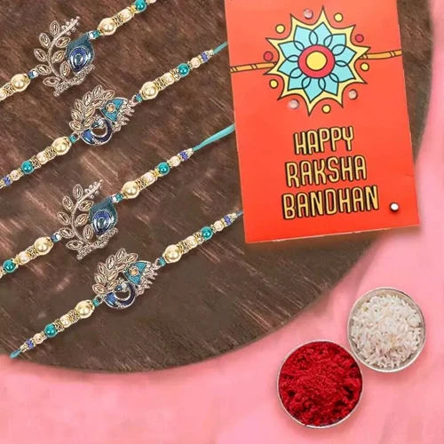 Glamorous Set of 4 Jewel Rakhi with Roli, Chawal n Card