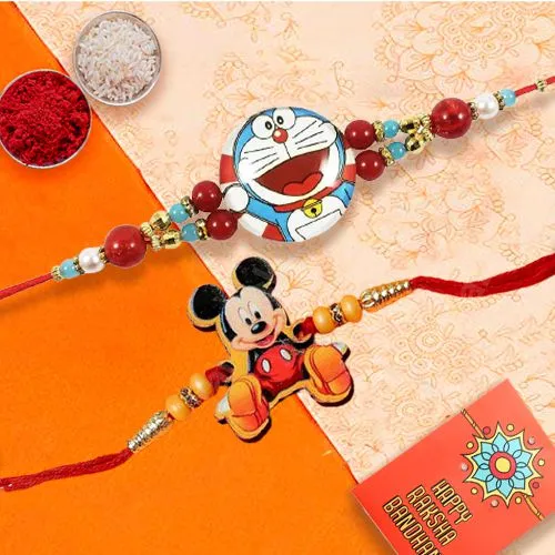 Enticing Pair of Kids Rakhi with Roli, Chawal n Card