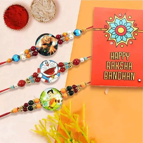 Exclusive Set of 3 Kids Rakhi with Roli, Chawal n Card