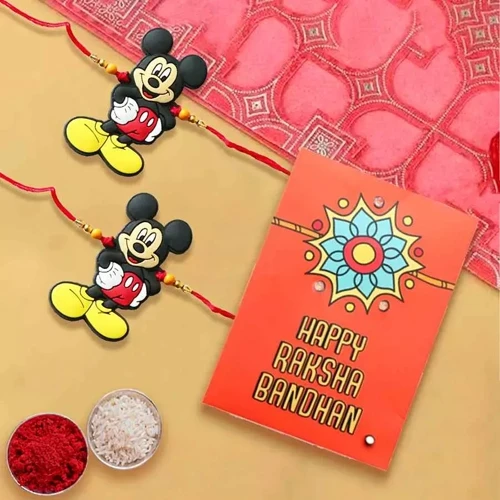 Lovely Mickey Rakhi Pair with Roli, Chawal Tika n Rakhi Card