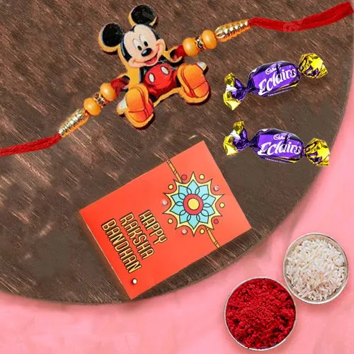 Fancy Kids Rakhi with 2 Chocolates, Roli, Chawal Tika n Card