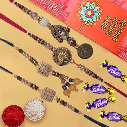 Stunning Set of 2 Bhaiya Bhabhi Rakhi with 4 Chocolates