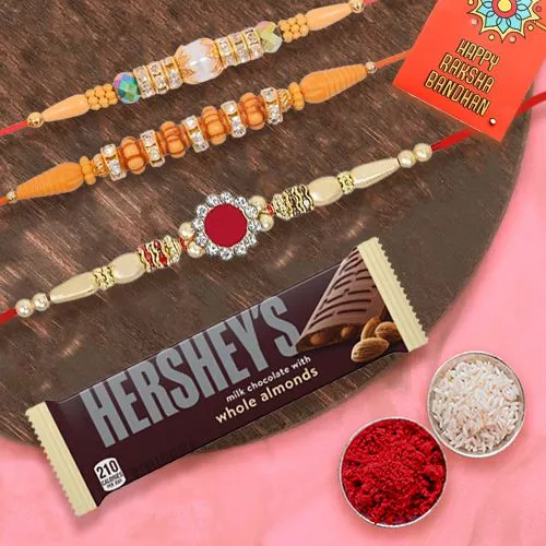 Classic Set of 3 Rakhi with Hersheys Chocolate, Roli Tika n Card