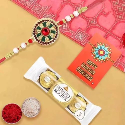 Exquisite Rakhi with 3Pc Ferrero Rocher, Roli Tika N Card