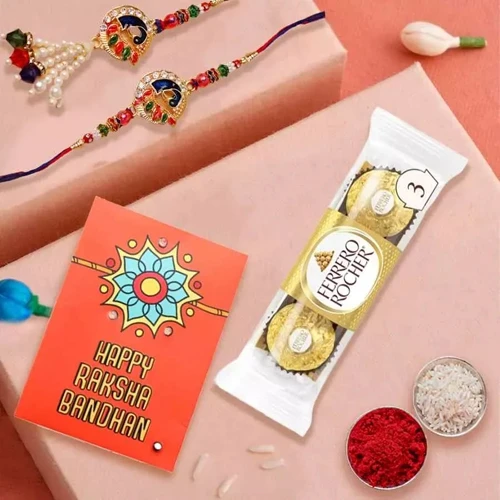 Classy Bhaiya Bhabhi Rakhi with 3pc Ferrero Rocher Pack