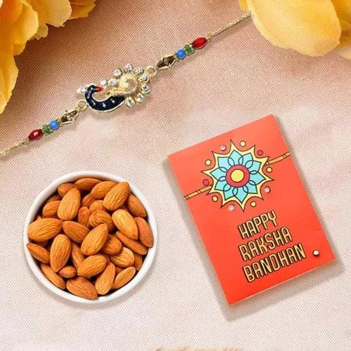 Classy Rakhi with Crunchy Almonds, Roli Tika n Rakhi Card
