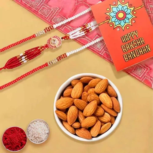 Charming Set of 3 Rakhis with Crunchy Almonds, Roli Tika n Card
