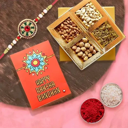 Classy Rakhi with Assorted Dry Fruits, Roli, Chawal n Card