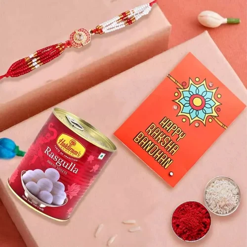 Stylish Rakhi with Haldiram Rasgulla, Roli Tika n Card