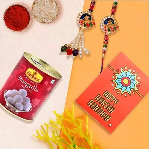 Trendy Bhaiya Bhabhi Rakhi Set with Haldiram Rasgulla