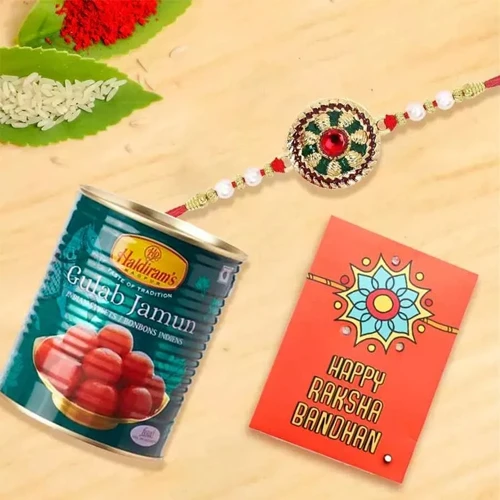 Trendsetting Rakhi with Gulab Jamun n Roli, Chawal n Card