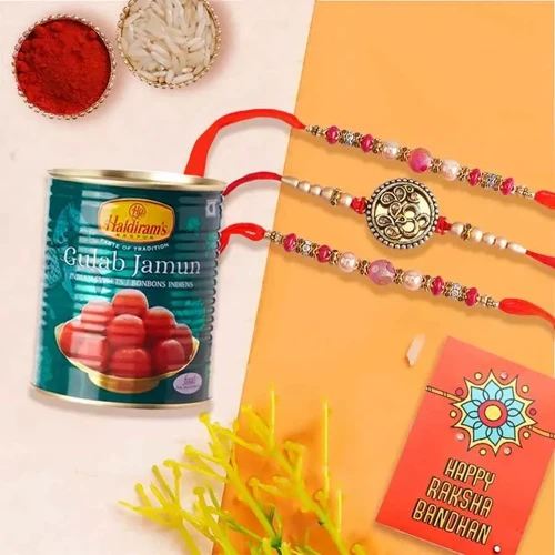 Charming Set of 3 Rakhi with Haldiram Gulabjamun