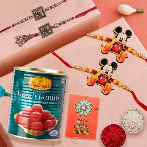 Graceful Set of 4 Rakhi with Haldiram Gulab Jamun