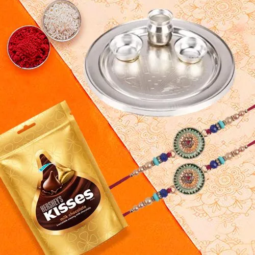 Lovely Rakhi with Puja Thali N Hersheys Chocolates