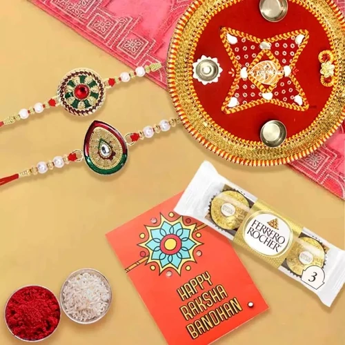 Classic Pair of Rakhi with Ferrero Rocher n Rakhi Thali